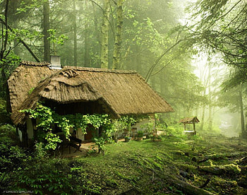 fantasy place, abstract, fantasy, green, trees, forest, cabin HD wallpaper