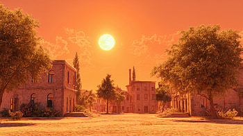 Summer Sun on a Hot Day, village, tree, building HD wallpaper