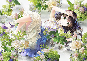Flower Scents, cute, floral, nice, flower, short hair, , laying, adorable, loli, lay, female, blossom, sweet, girl, kawaii, anime girl, lying, anime, pretty, brown hair, lolita, lovely HD wallpaper