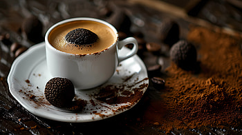 Truffle and coffee with cocoa powder, truffle, coffee, cup, table, plate HD wallpaper