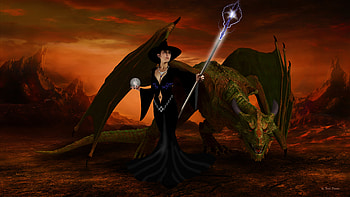 Casting Spells, magic, magicspell, spellcaster, dragon, femalewitch, magicstaff, dragonfriend, witch, fantasy HD wallpaper