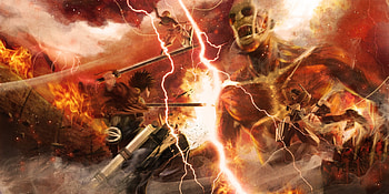 Shingeki No Kyojin, fighting, mikasa, anime boys, fight, monster, anime girls, lightning, anime warriors, anime, males, eren, warriors, female HD wallpaper