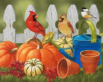 Garden Harvest, watering, birds, garden, colors, paintings, pumpkins, love four seasons, leaves, animals, fence, autumn, harvest, fall season, pots HD wallpaper