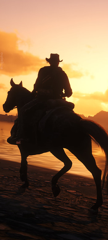 Red Dead Redemption 2, orange, RedDeadRedemption2, cowboy, dom, ingapho, rdr2, dawn, riding, sundawan HD phone wallpaper