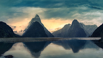 Milford At Sunset, sunset, mountains, mountain, sea, sky, nature HD wallpaper