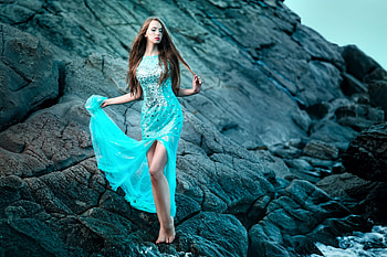 Beauty, blue, sea, model, girl, dress, woman, rock, summer HD wallpaper