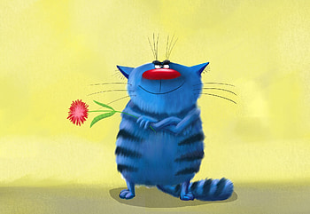 art painting pattern painting cat funny striped blue cool cat smiles holds in the paws flower HD wallpaper