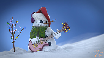 Snowman, winter, craciun, guitar, pink, instrument, fantasy, green, iarna, christmas, red, luminos, scarf, corinne cook HD wallpaper