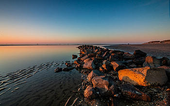 Sunset, Stones, Coast, Sea HD wallpaper