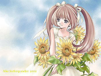 Anime with sunflowers, anime, fantasy, flower, girl, woman, sunflower HD wallpaper