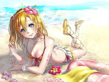 Girl on the beach, summrr, girl, pink, swimsuit, anime, flower, yellow, ima, manga, vara HD wallpaper