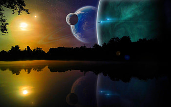 SPACE SCENE, night, ships, planets, trees, space, science fiction, stars, lake HD wallpaper