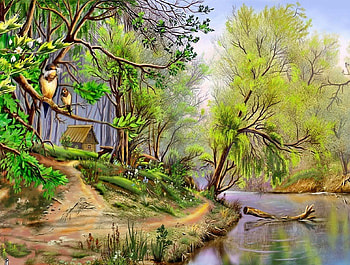Oil painting, river, nature, birds, forest HD wallpaper