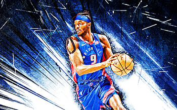Jerami Grant, grunge art, Detroit Pistons, NBA, basketball, Houston Jerami Grant, Jerami Grant Detroit Pistons, blue abstract rays, Jerami Grant HD wallpaper