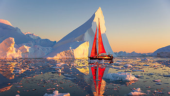 Landscape View Of Red Sailboat Glacier Frozen Water Mountain Blue Sky Background Reflection Nature HD wallpaper
