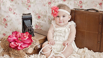 Beautiful Cute Baby Girl Is Leaning Back On Saddleback Leather Suitcase Wearing White Dress Cute HD wallpaper