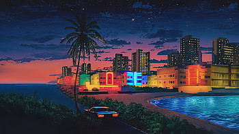 Neon Nights Retro Paradise, city, lights, tree, sky, star, sea, car, ocean, artist, artwork, art, digital-art, ai HD wallpaper