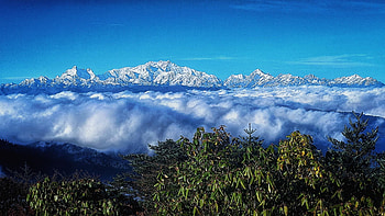 Mt. Kanchenjunga, the sleeping Buddha, Himalaya, the 3rd highest mountain in the world, 8586 m, trees, landscape, sky, mountains, clouds HD wallpaper