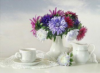 Still Life, colorful, cup of tea, flowers, arrangement, harmony HD wallpaper
