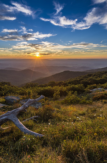 Landscape, Nature, Sunset, Mountains, Sun, Shine, Light HD phone wallpaper