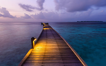 nature, Landscape, Clouds, Dock, Sea, Lights, Island, Sunset, Maldives, Walkway, Calm, Tropical, Pier / and Mobile Backgrounds HD wallpaper