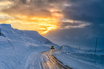 : Sunset Highway Through Snowy Mountains, landscape, sunset HD wallpaper