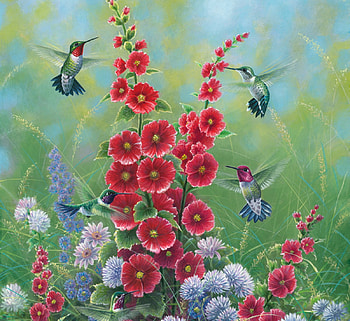 Flowers and hummingbirds, art, abraham hunter, colibri, summer, painting, pictura, green, red, flower, hummingbird, vara HD wallpaper