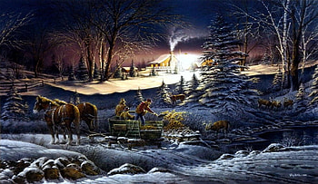 Helping Hands, winter, artwork, horses, painting, snow, house, trees, people HD wallpaper