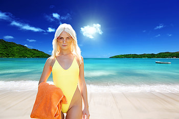 Swimsuit Model ~ Lika Star, swimsuit, model, blonde, beach, towel HD wallpaper