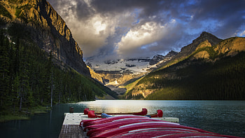 Lake Louise, Alberta, boats, clouds, sky, canada, mountains, rocks HD wallpaper