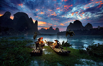 men, Nature, River, Birds, Asian, Mountain, China / and Mobile Backgrounds HD wallpaper
