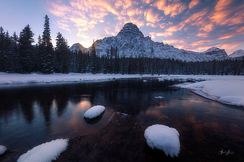 Winter, Mountain, Nature, River, Snow, Sunset HD wallpaper
