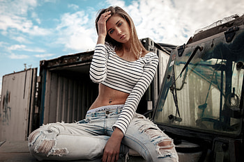Pierced Navel Girl Sitting On Car Bonnet, girls, model HD wallpaper