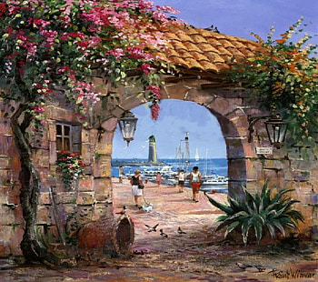 Waiting to Sail, window, light house, lamp post, people, tree, sailboats, basket, plant, blossoms, building, water HD wallpaper