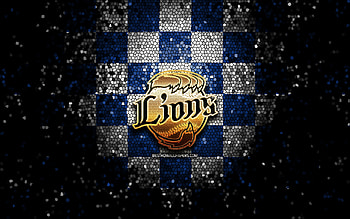 Seibu Lions, glitter logo, NPB, blue white checkered background, baseball, japanese baseball team, Seibu Lions logo, mosaic art, Nippon Professional Baseball HD wallpaper
