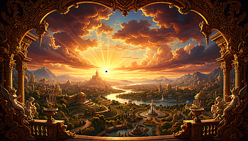 Auric Dawn — Golden Sunrise, Castle, River, Fantasy Landscape HD wallpaper