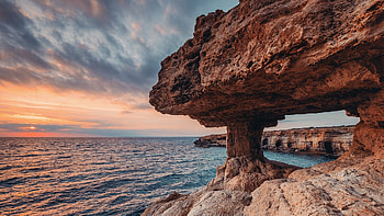 Cape Capo Greco coast, Caves at sunset, Ayia Napa Cyprus, Windows 10 spotlight HD wallpaper