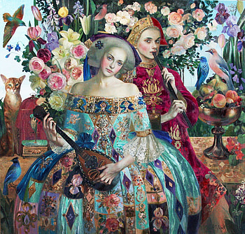 :), girl, people, olga suvorov, woman, bird, art, man, instrument, painting, flower, pictura HD wallpaper