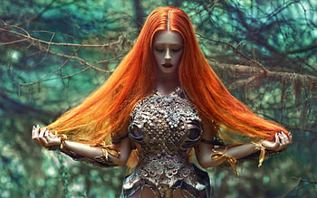 Silence, agnieszka lorek, model, ophelia overdose, girl, orange, armor, woman, green, redhead HD wallpaper