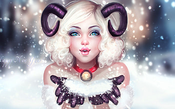 Happy New Year!, winter, white, blue eyes, art, ayyasap, girl, goat, woman, purple, happy new year, fantasy, snow, sheep, red, hornes HD wallpaper