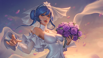 Crystal Rose Sona, fantasy, flower, crystal rose, sona, lily cheng, girl, blue, bouquet, pink, bride HD wallpaper