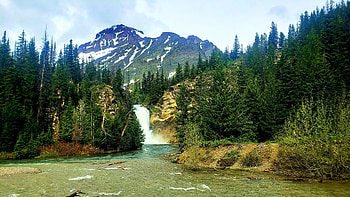 Running Eagle Falls, Glacier National Park, Montana, pond, river, landscape, trees, mountains, forest, usa HD wallpaper