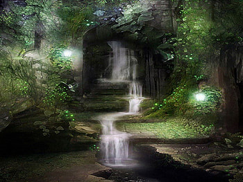 Mysterious Cave and Waterfall, birds, light, lamp, trees, water, lake, stones HD wallpaper