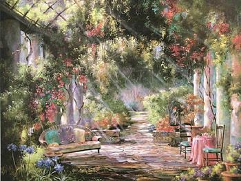 Surrounded by Beauty, garden veranda, tables, columns, cage, chairs, vines, flowers, sunlit, pillows, foliage, parrot HD wallpaper
