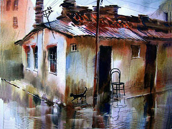 Victor B. Zoellick (watercolor). Koshkin walk, chair, painting, art, house, cat, victor b zoellic HD wallpaper