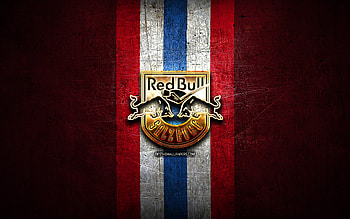 EC Red Bull Salzburg, golden logo, ICE Hockey League, red metal background, austrian hockey team, EC Red Bull Salzburg logo, hockey HD wallpaper