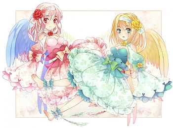 Two Beautiful Angels, barefoot, wings, colorful, headband, blue eyes, blonde, dresses, red eyes, pink hair, angels, anime, pretty, flowers, friends HD wallpaper