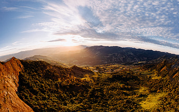mountain valley, evening, sunset, mountain landscape, forest, valley, aerial view HD wallpaper