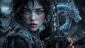 Frostfire Guardian: The Dragonbound Warrior, fantasy warrior, glowing eyes, dragon warrior, girl power HD wallpaper