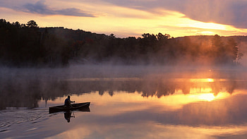 Nature, Mountains, Lake, Fog, Morning, Boat, Human, Person HD wallpaper